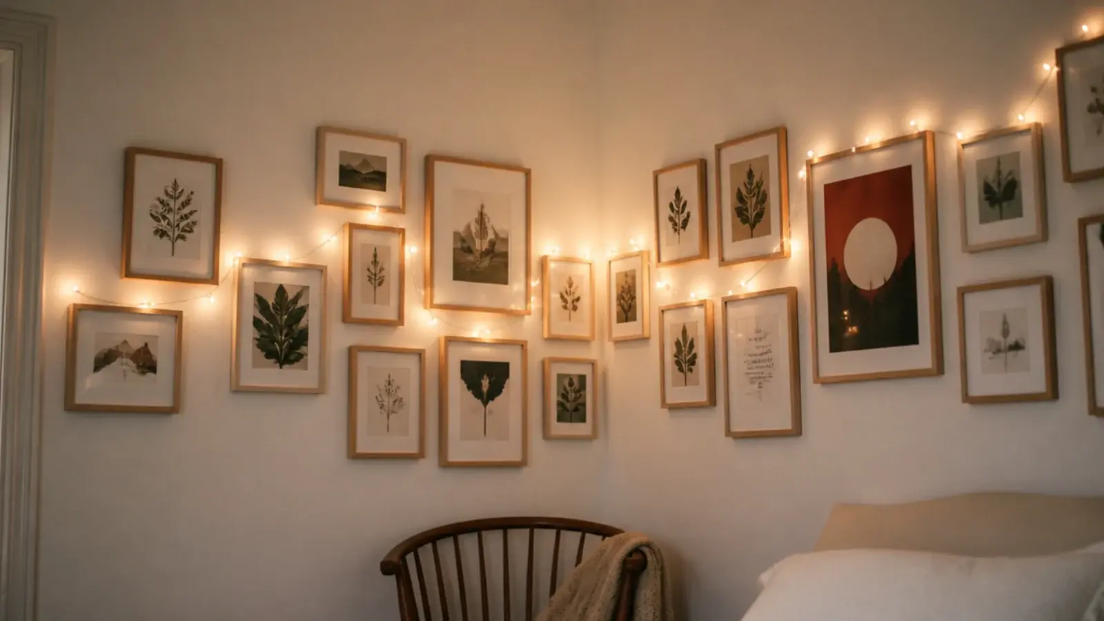framed prints wrapping a corner with a strand threaded between