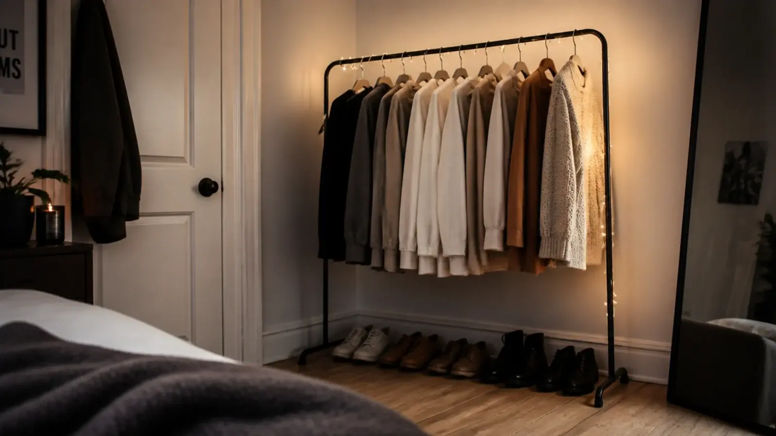 corner clothes rail lit from above showing hanging garments