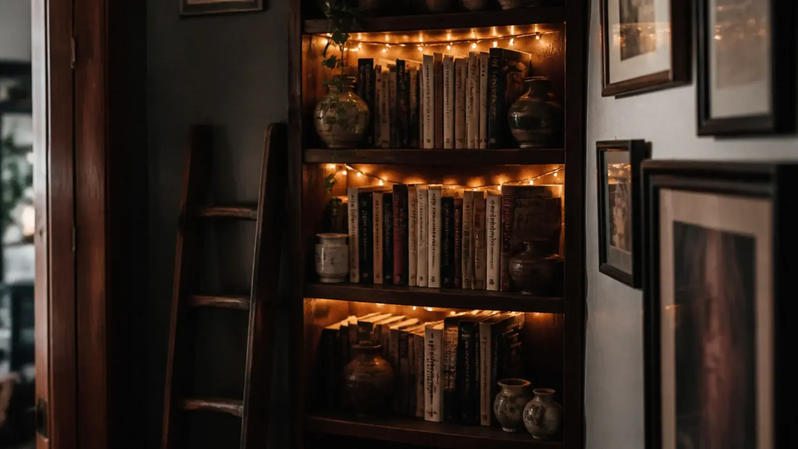 corner bookcase with lights threaded behind rows of books