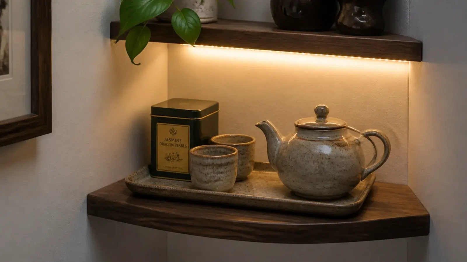 small tray of tea things lit by a strand on a corner shelf