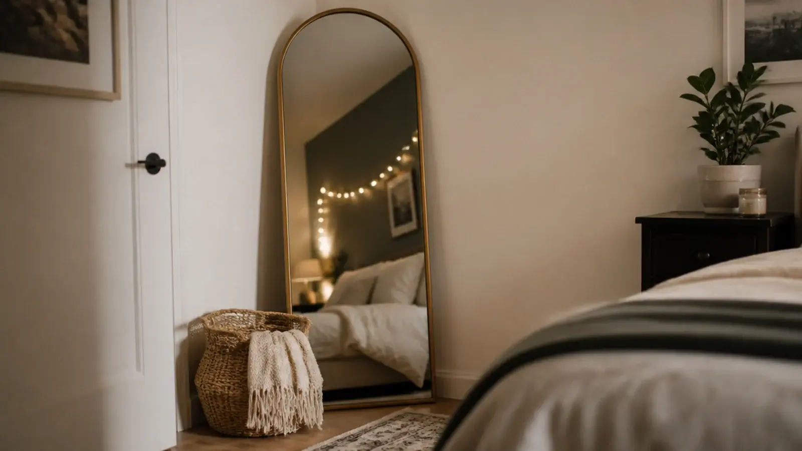 tall mirror leaning into a corner doubling the light around it