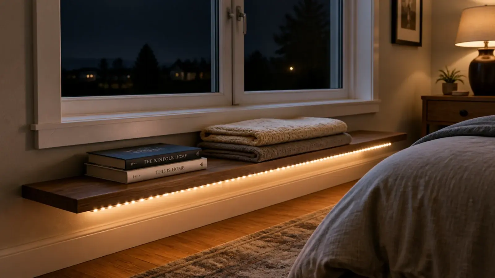 low shelf under a window lit from beneath by a warm strand