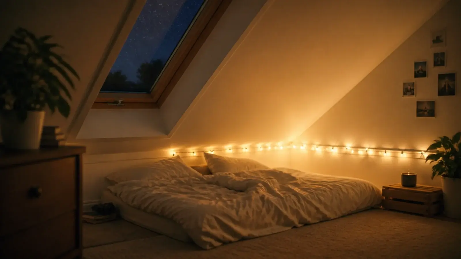 sloped attic eave lit along its lowest edge with warm lights