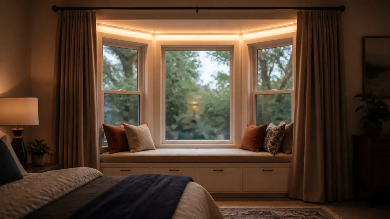 bay window corner traced with lights following the angled reveals