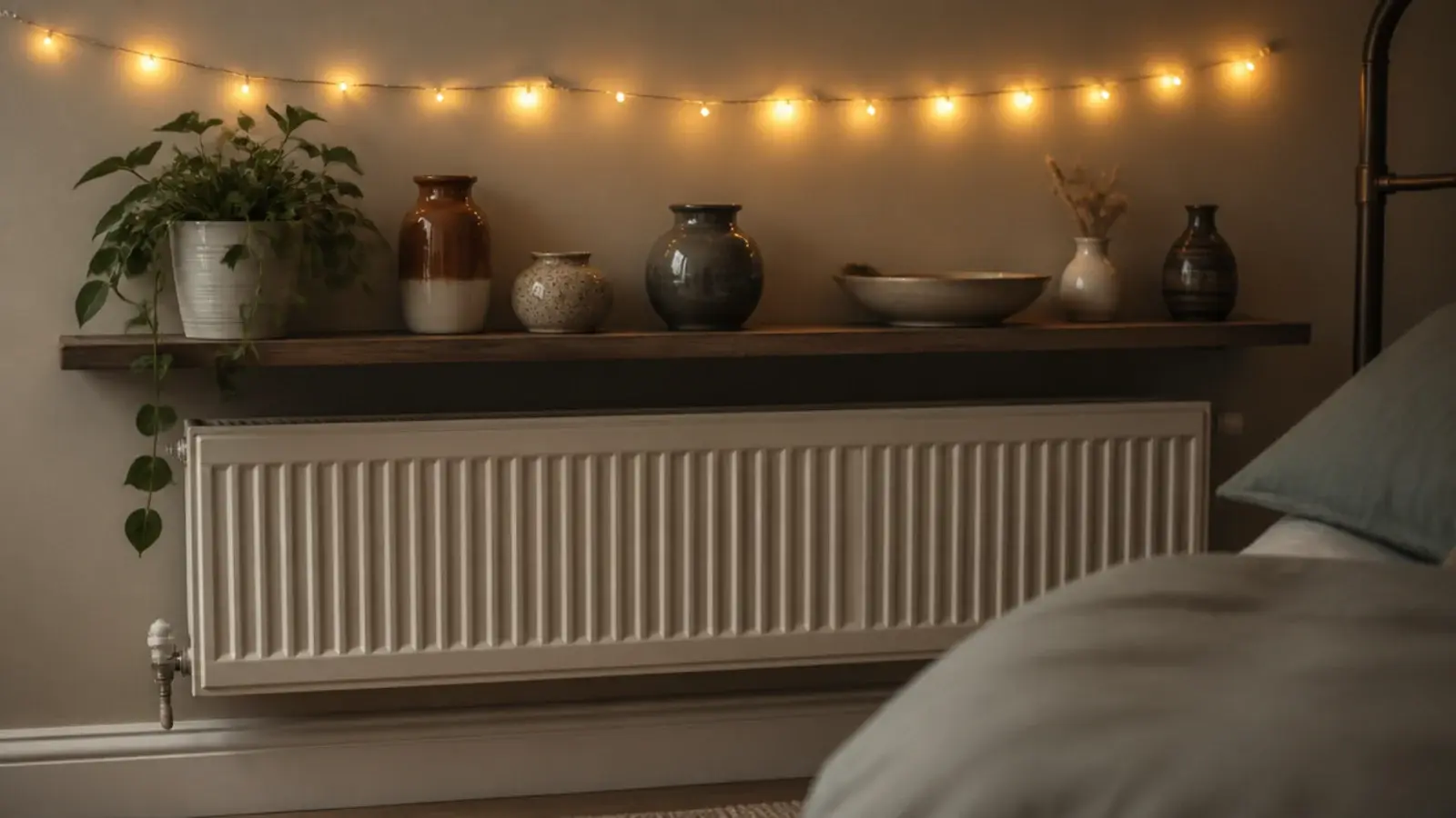 shelf above a radiator lit by a strand kept well clear