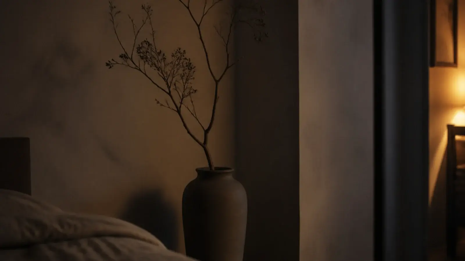 deliberately unlit bedroom corner holding a tall dried branch
