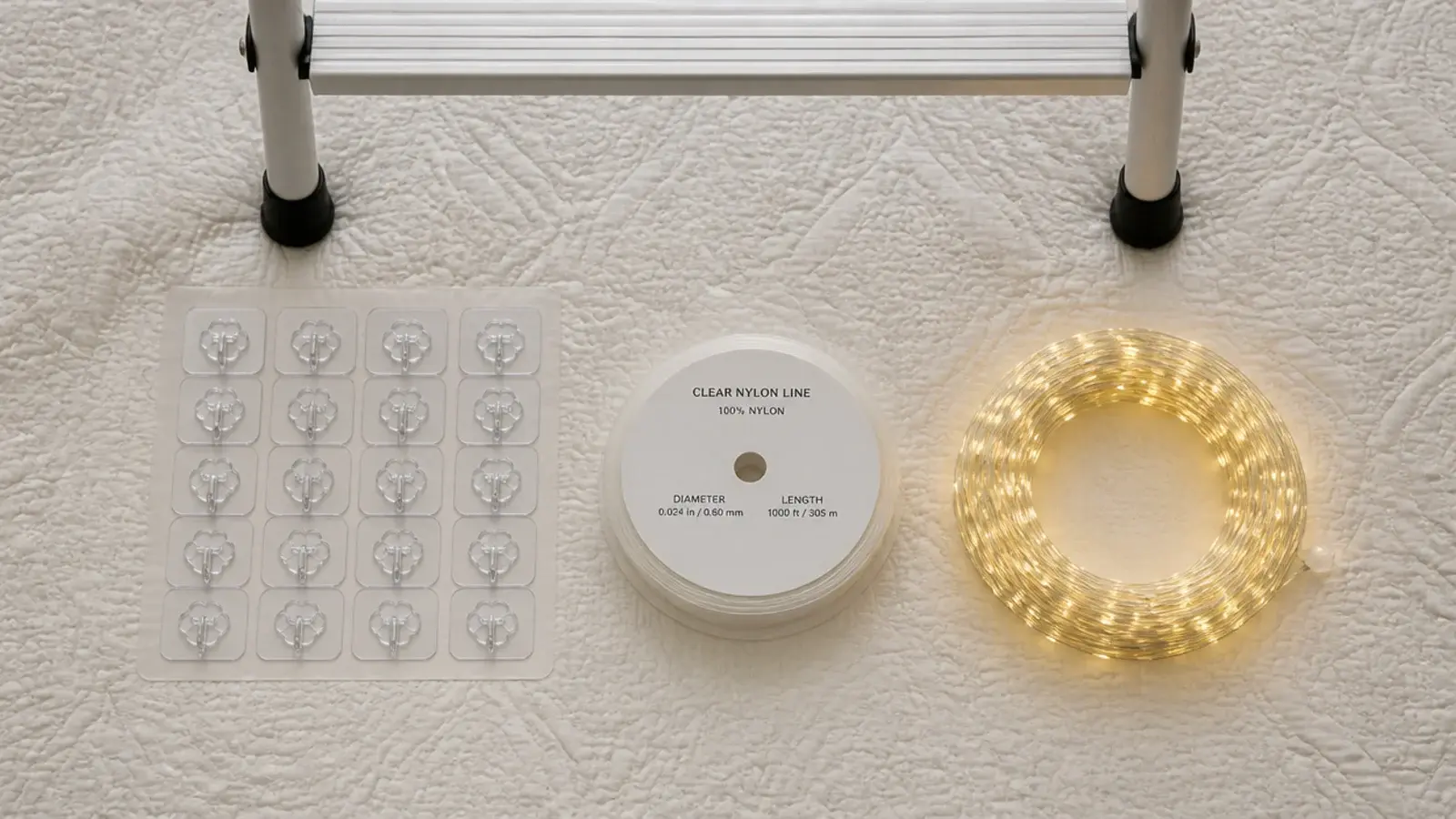 ceiling hooks and nylon line laid out beside a coiled strand