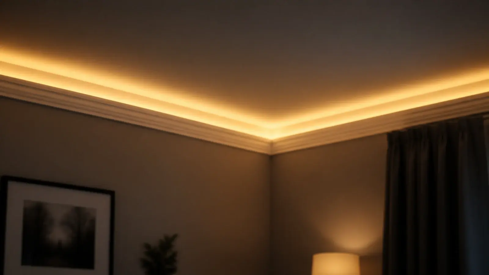 warm lights following the whole ceiling edge of a bedroom