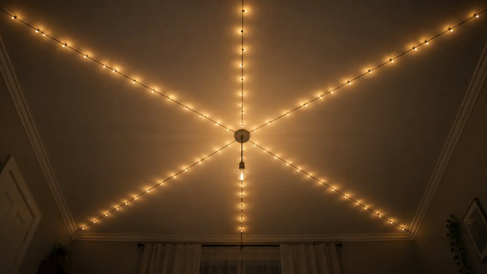 strands radiating from a central ceiling point to the walls
