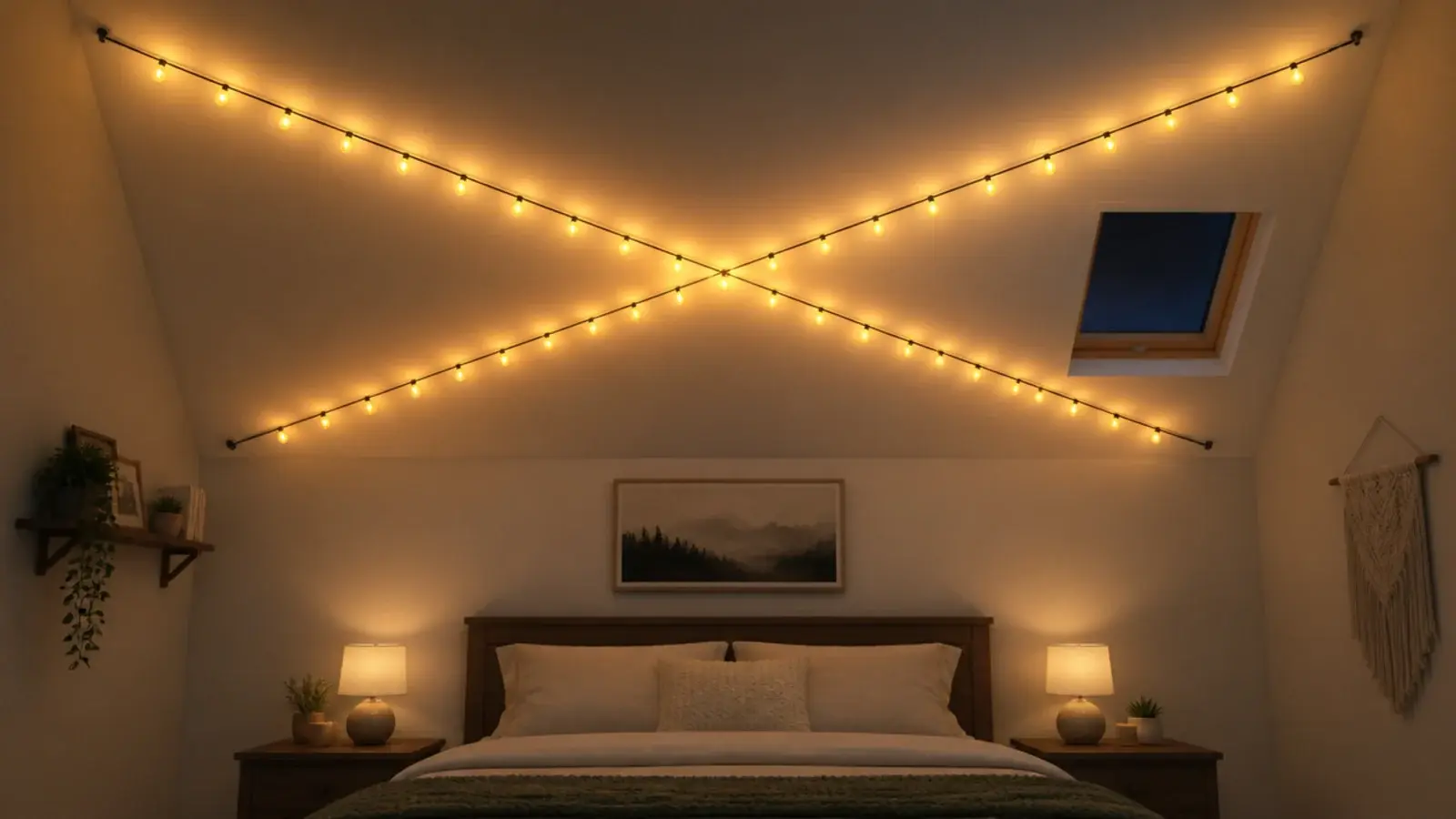 two light strands crossing diagonally over a bedroom ceiling