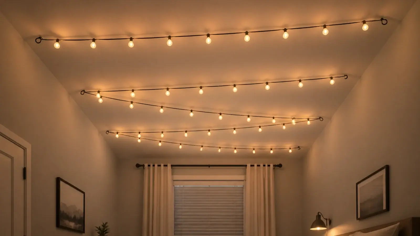 light strand zigzagging back and forth across a bedroom ceiling