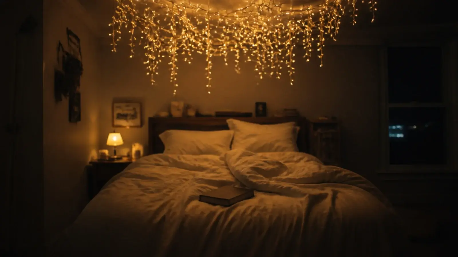 lights bunched over the bed with the rest of the ceiling dark