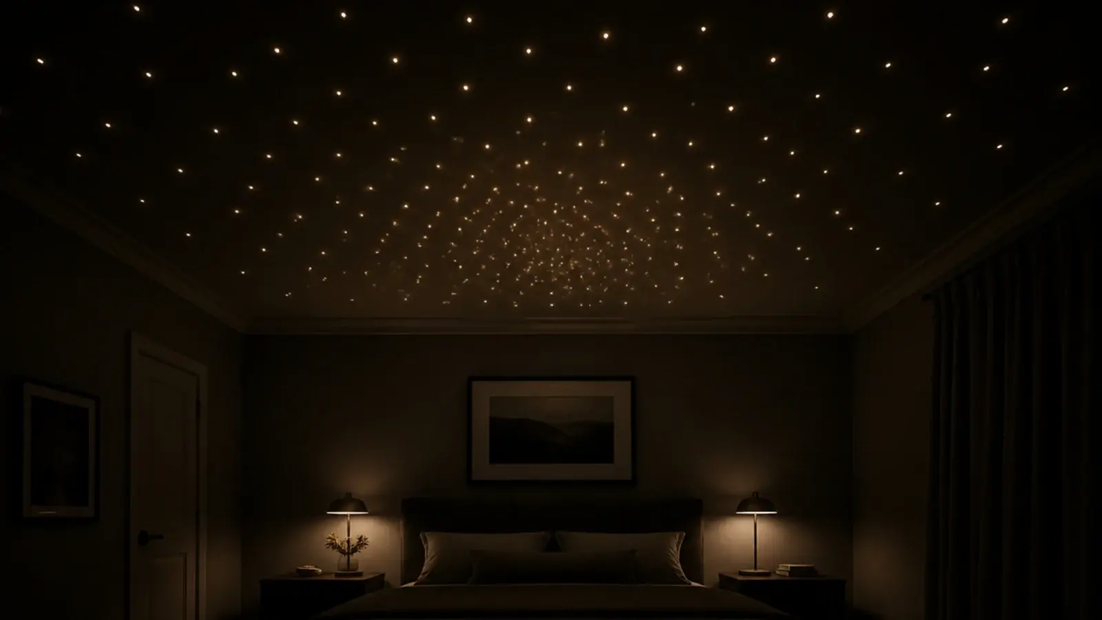 pinpoint lights scattered irregularly across a dark bedroom ceiling