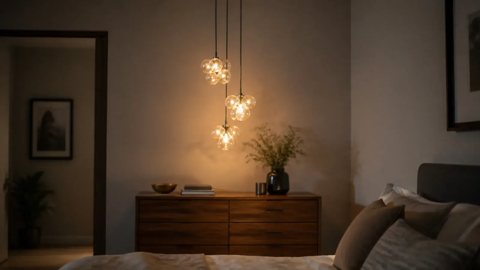 clusters of lights hanging at three different heights from a ceiling