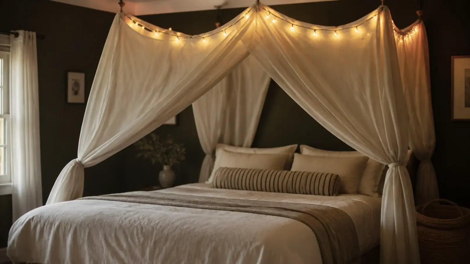 fabric canopy and lights gathered to four ceiling hooks over a bed