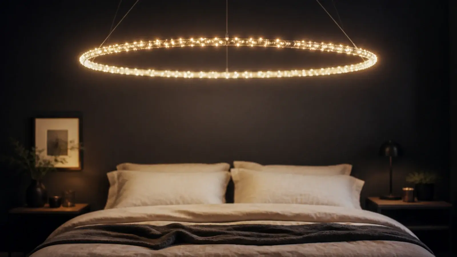 circular ring of warm lights suspended above a double bed