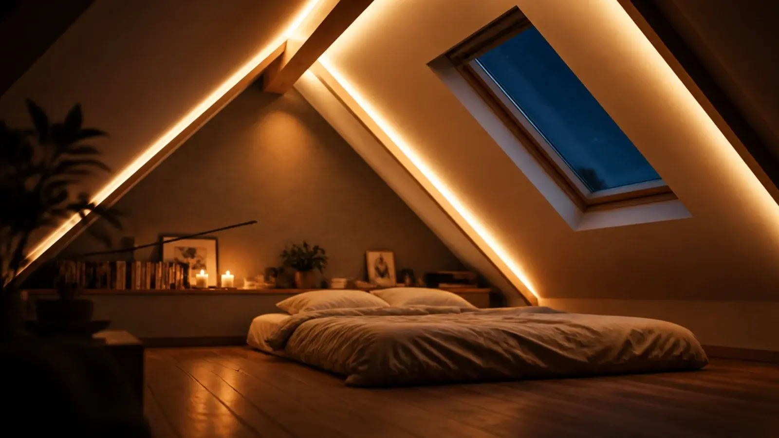 warm lights running along the slope line of an attic ceiling