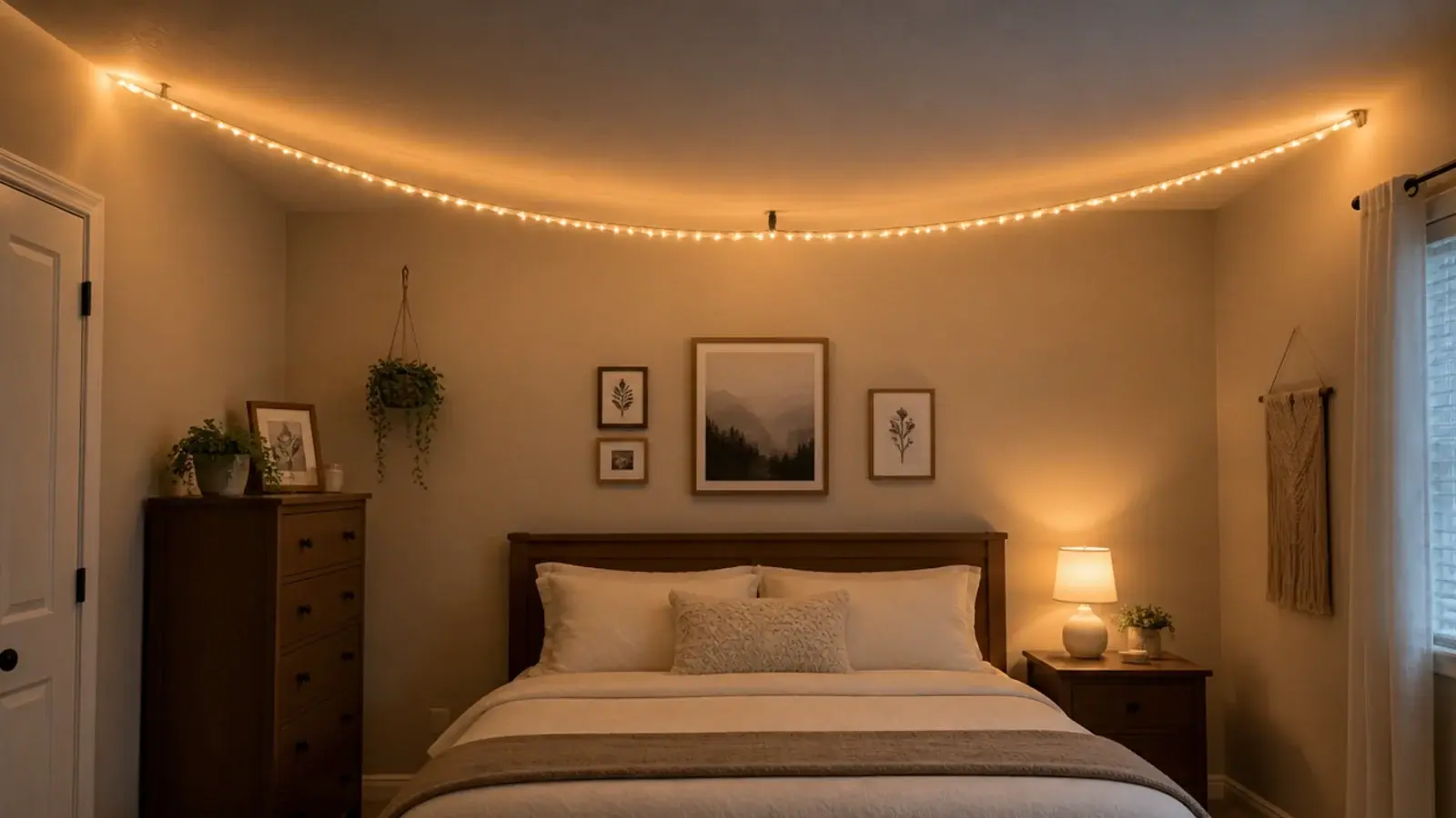 single light strand curving in a long arc across a ceiling