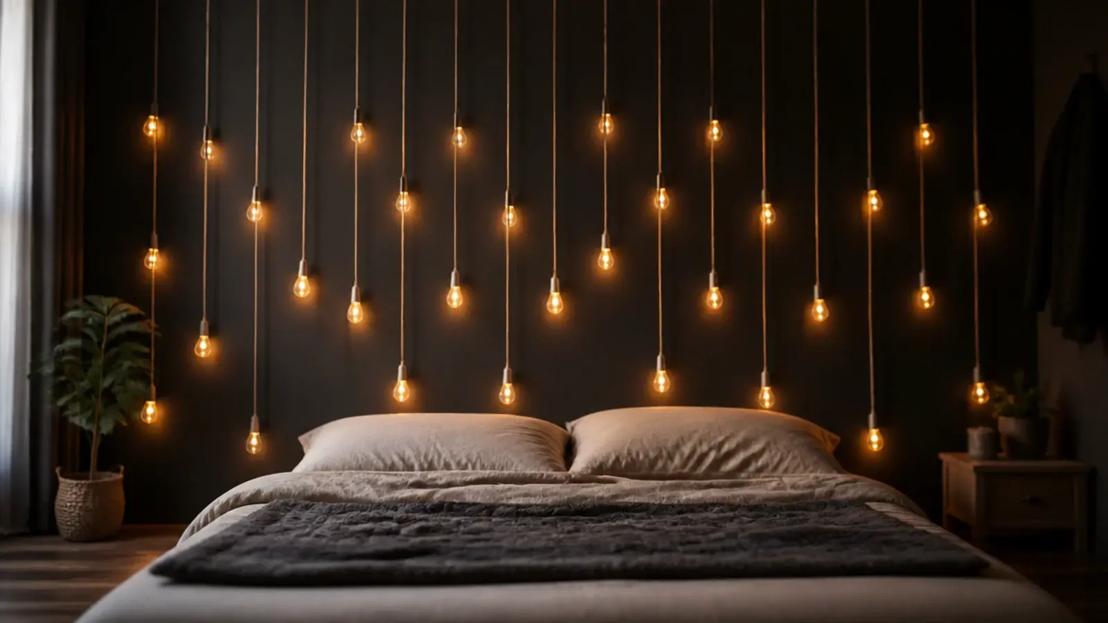 light drops falling from the ceiling line down a bedroom wall