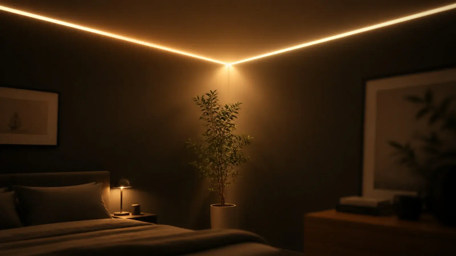 two ceiling light runs meeting at one corner of a room