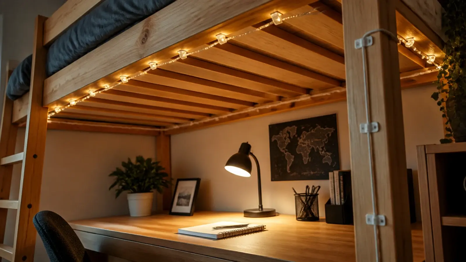 lights clipped to the underside of a loft bed frame slats