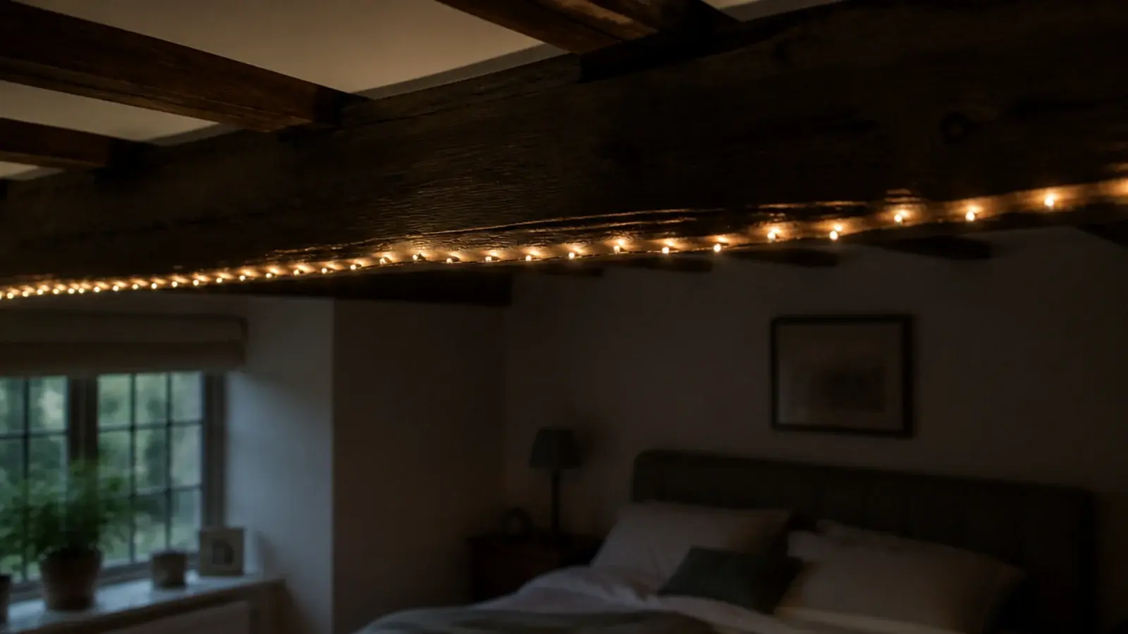 warm lights running along the face of an exposed timber beam