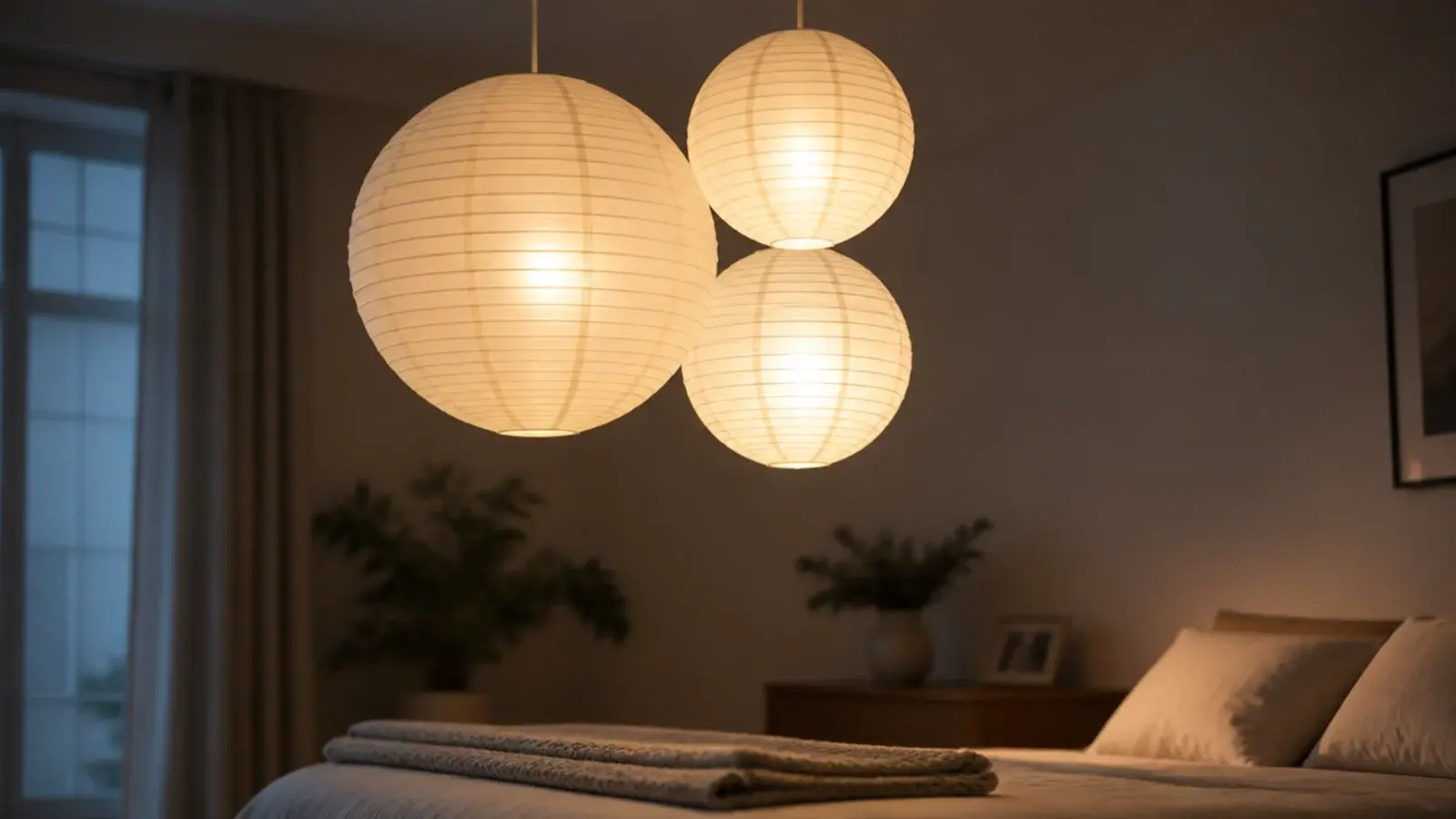 three paper lanterns hung together glowing above a bedroom