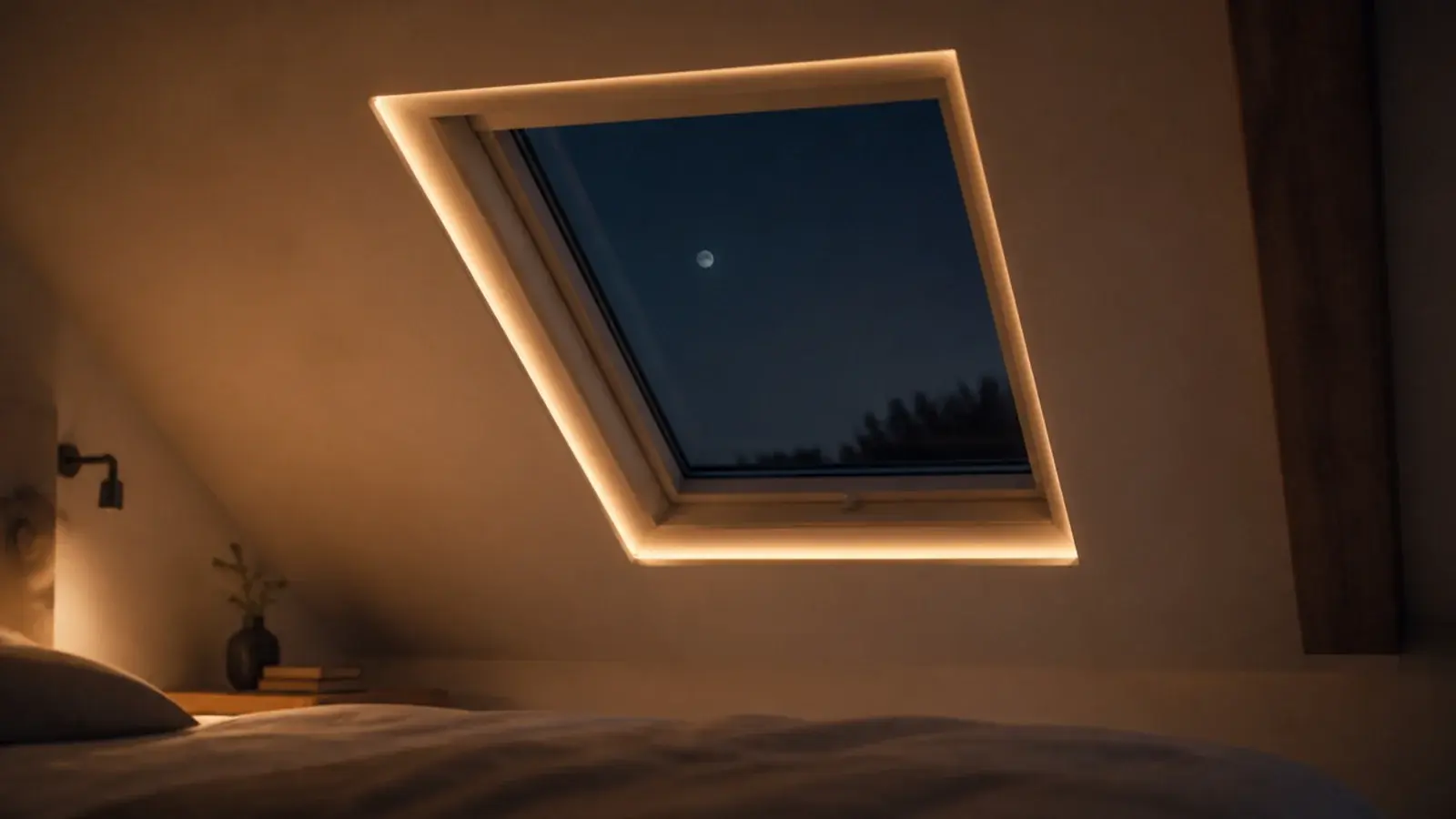 warm lights following the reveal of a bedroom roof window