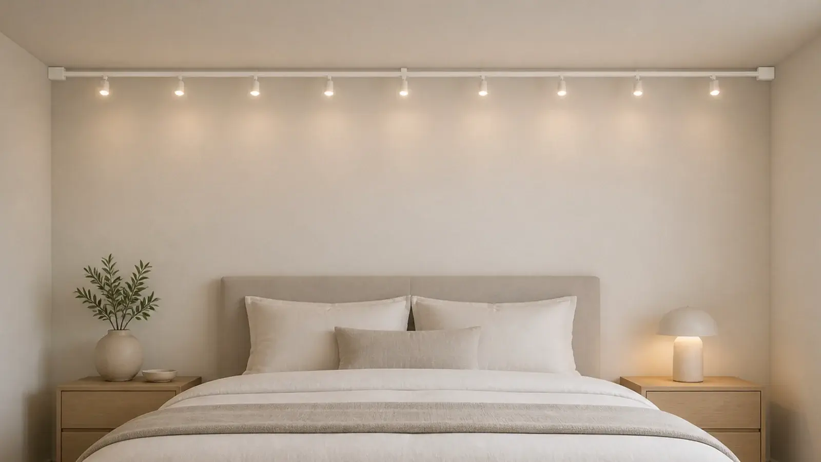 slim ceiling track holding a light strand above a bed