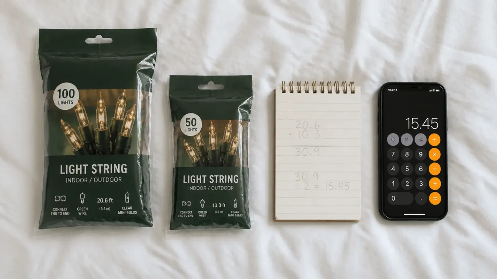 two light packets compared on a bed with a calculator and notepad