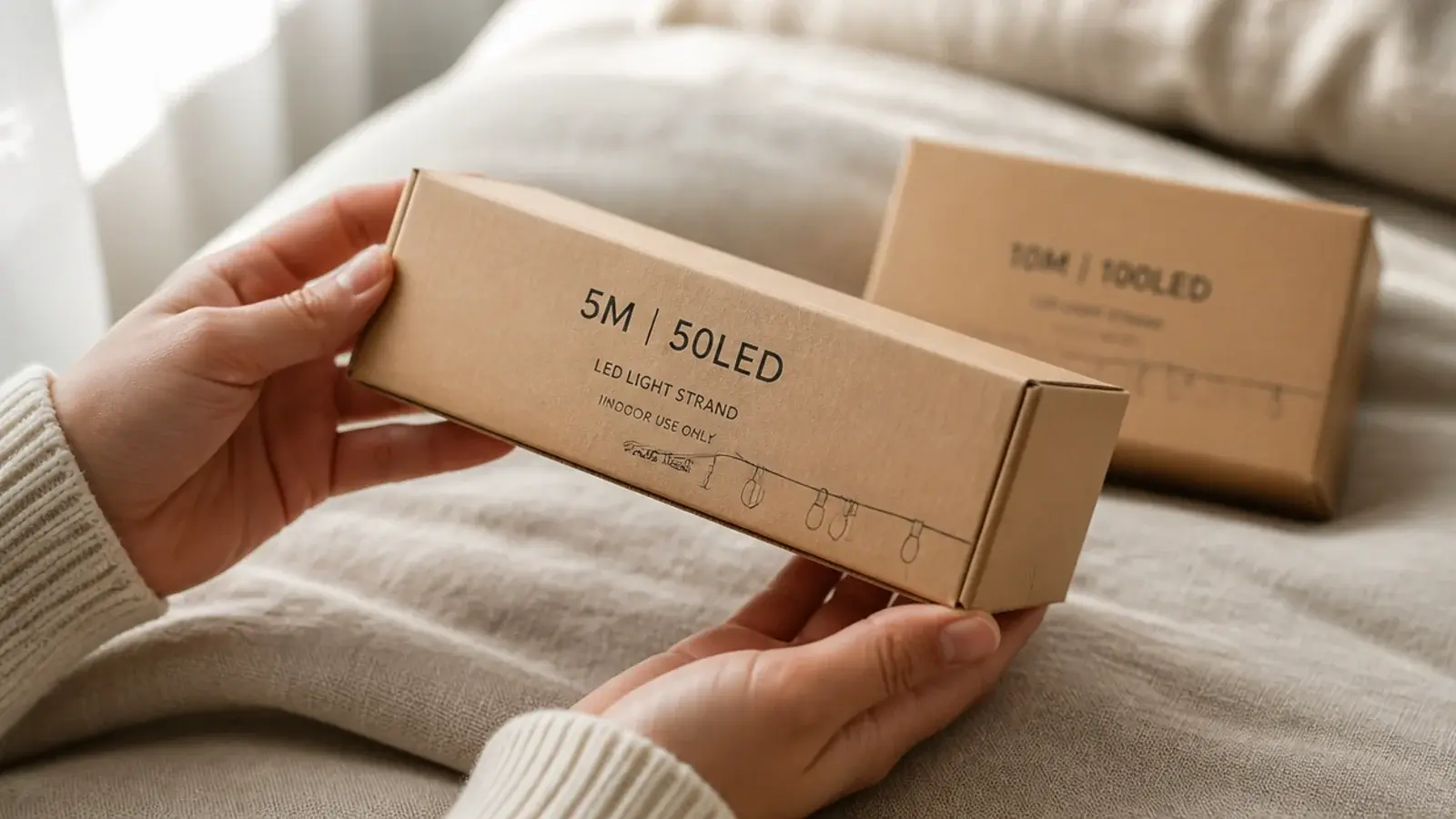 hands holding a light strand box with the length printed on the label