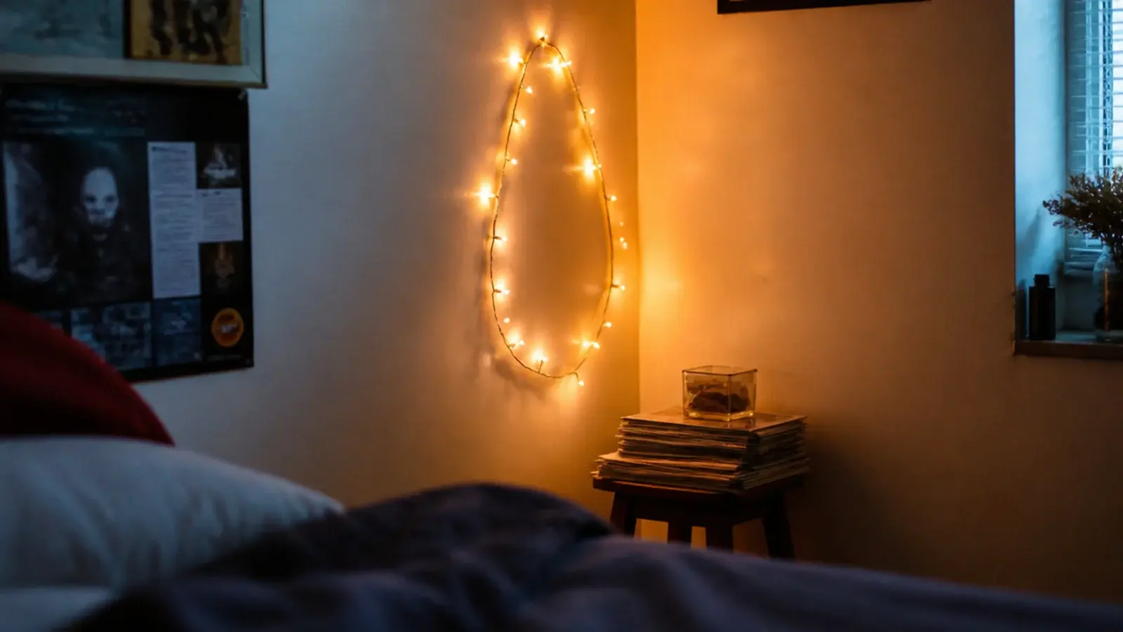small battery pack and warm string lighting an unwired bedroom corner