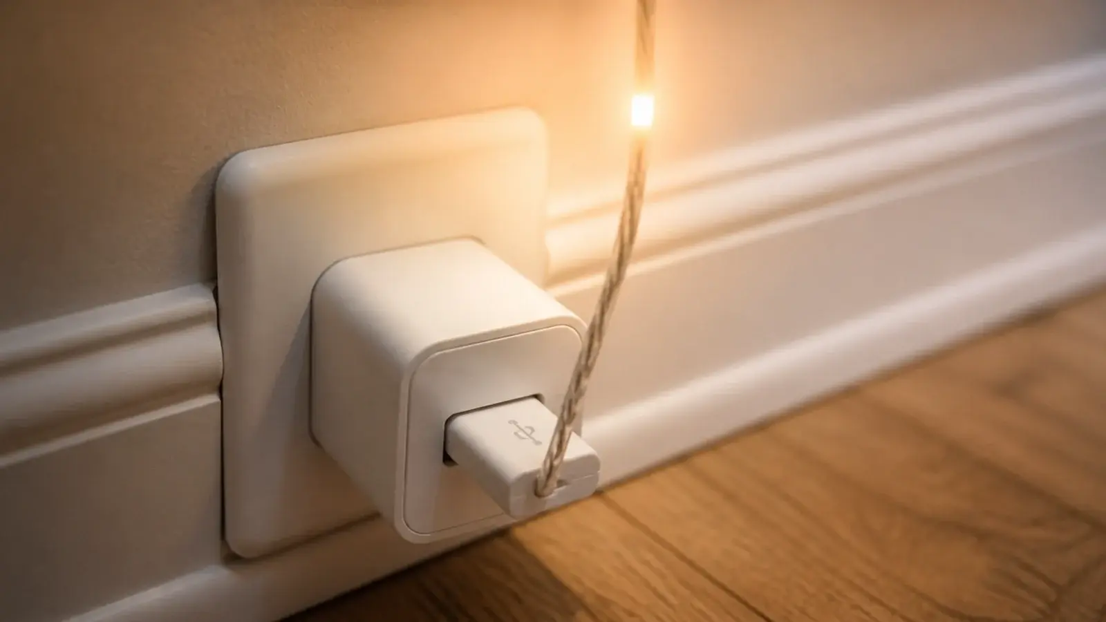 string light usb plug pushed into a phone charging brick beside a bed