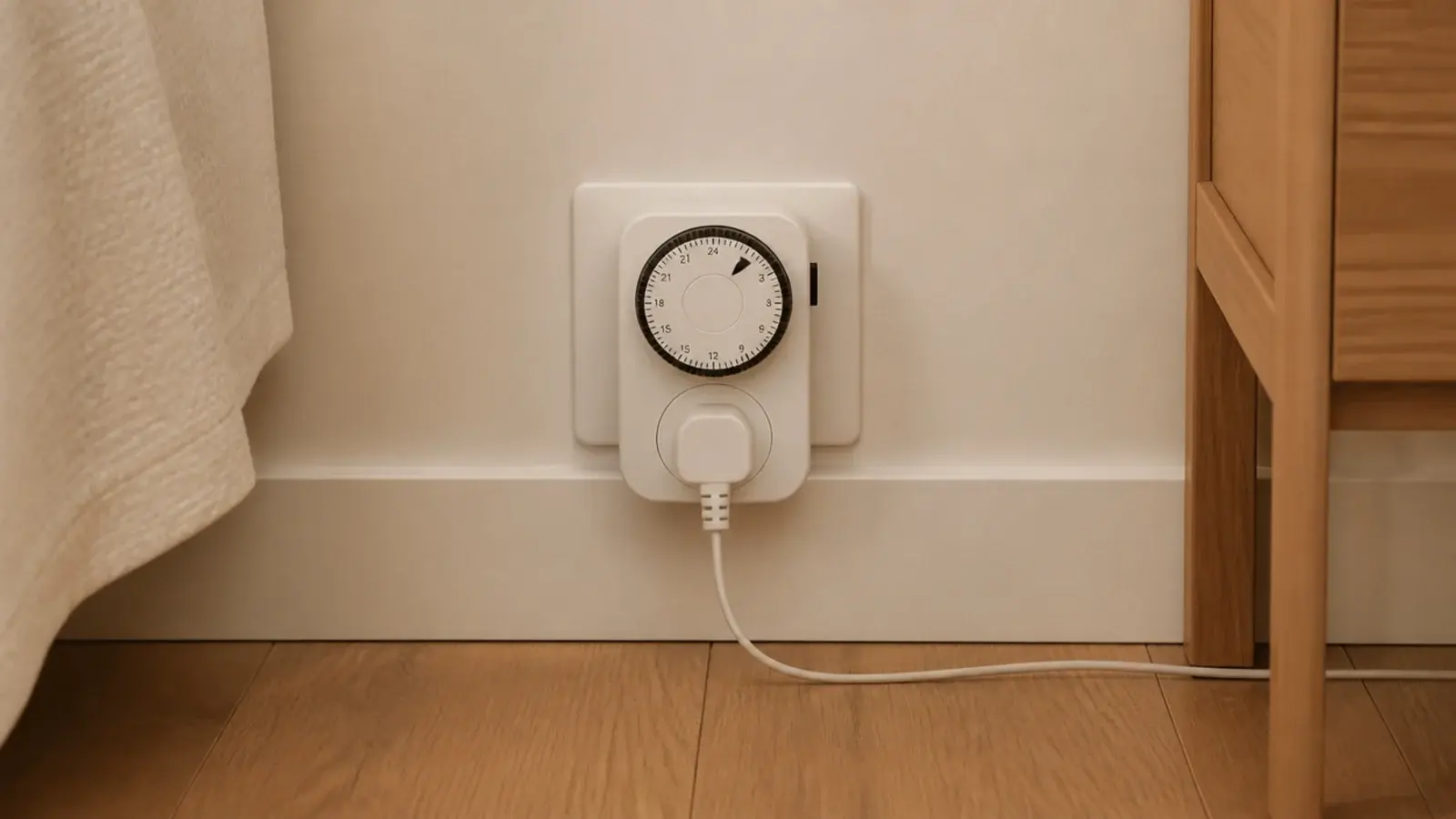 mechanical dial timer plug set into a bedroom wall socket