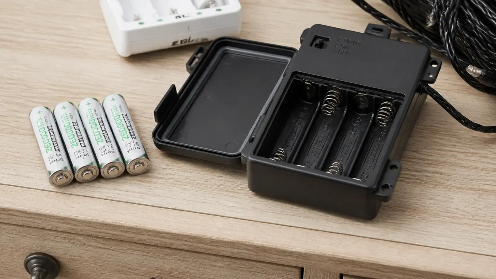 four rechargeable batteries beside an open string light battery pack