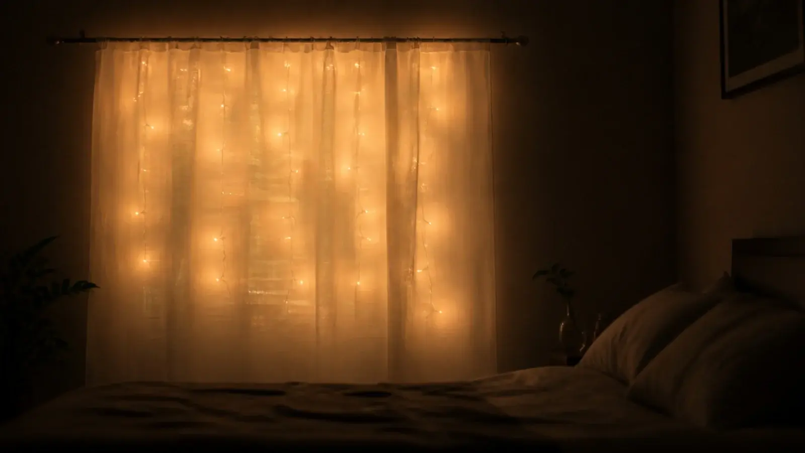 cheap voile panel hung over a wall with lights glowing behind it