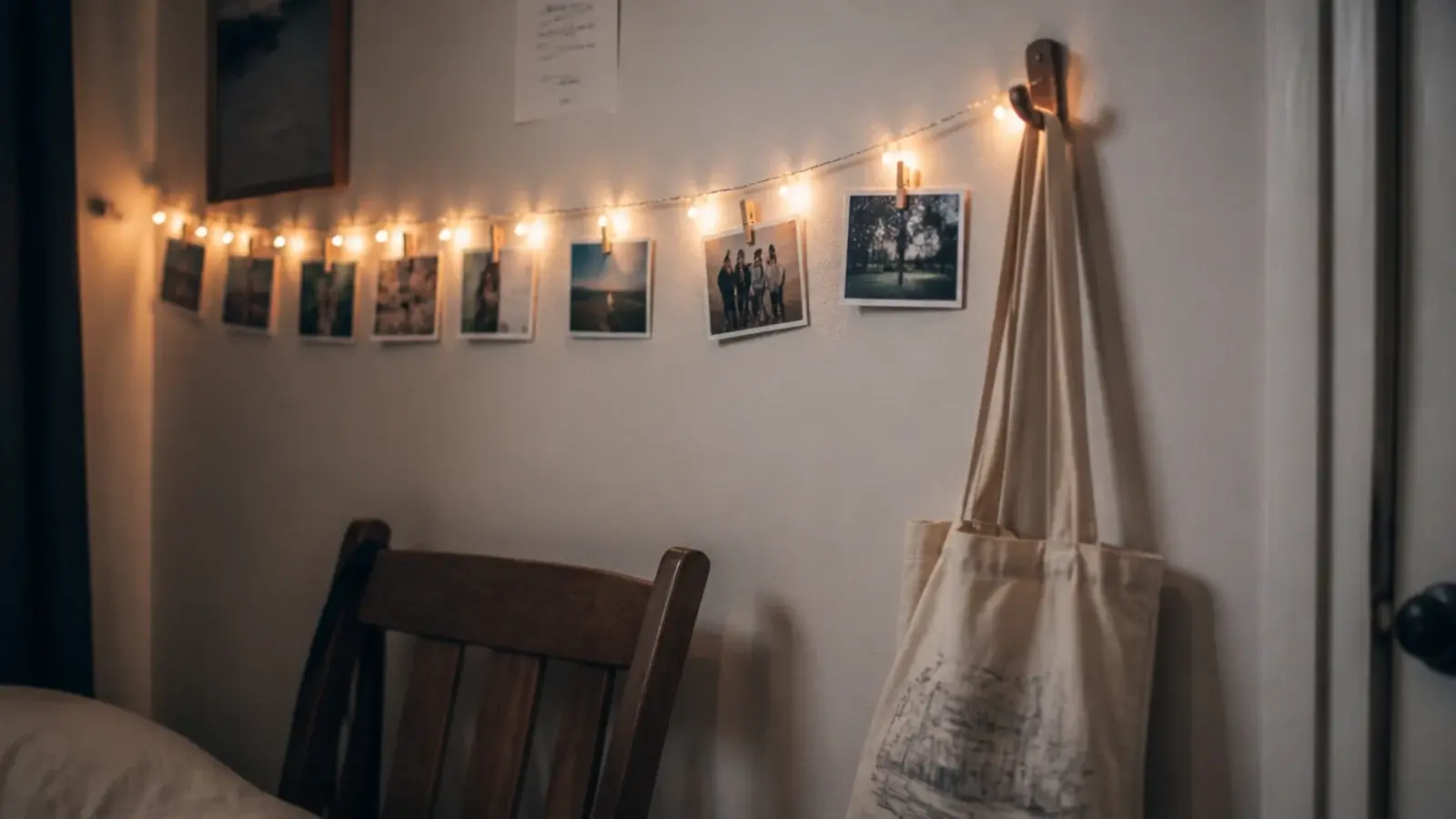 printed photographs pegged along a lit strand across a bedroom wall