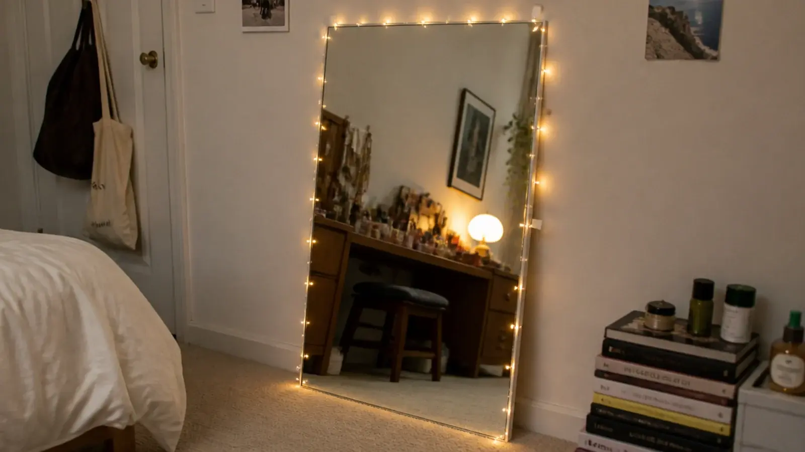 rectangular charity shop mirror edged with a fine warm light strand