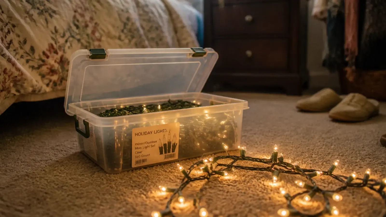 storage box of tangled holiday string lights opened on a bedroom floor