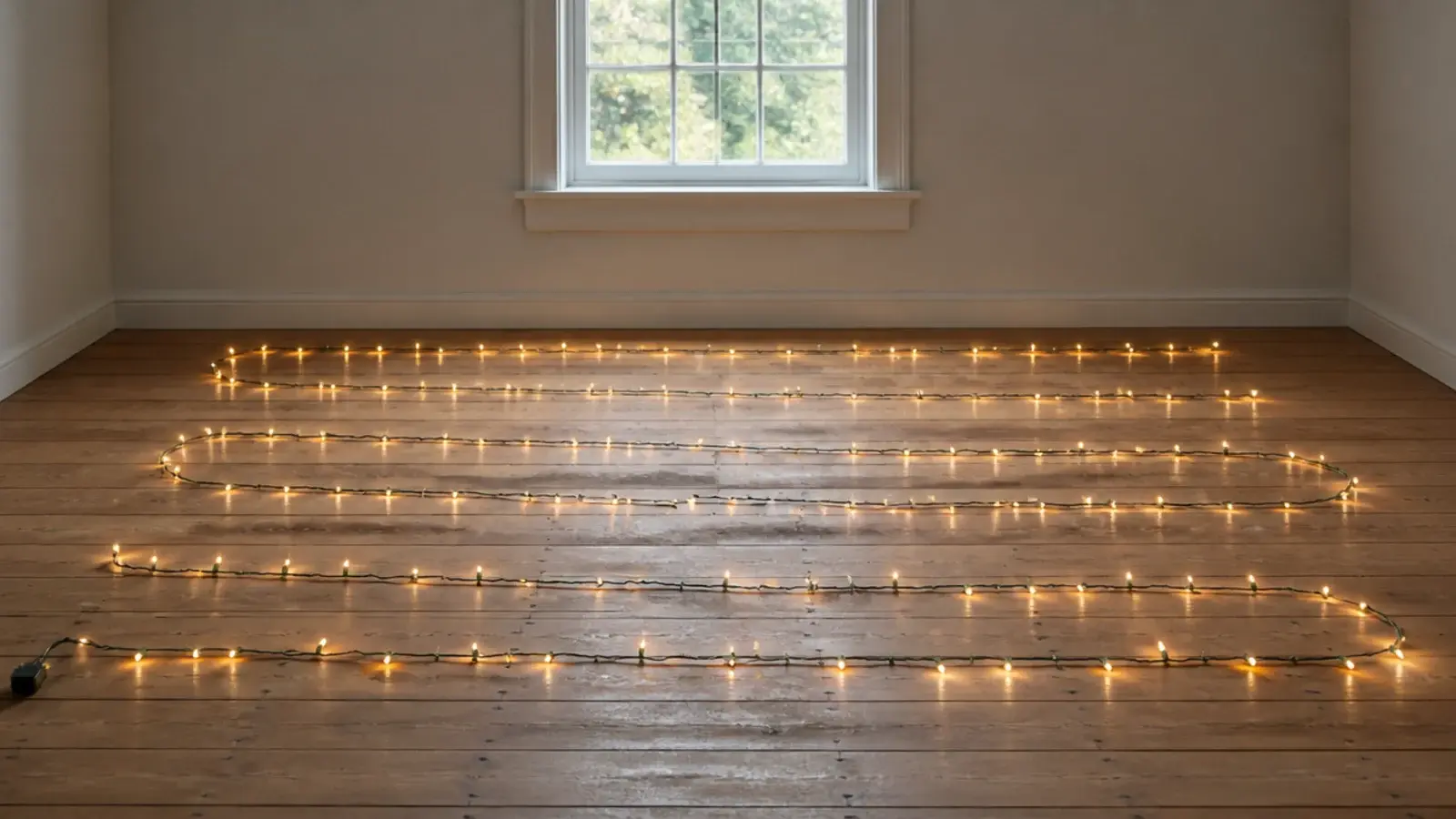 secondhand light strand laid out and lit across a wooden floor