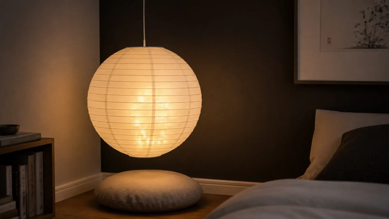 white paper lantern glowing softly with a light cluster inside it