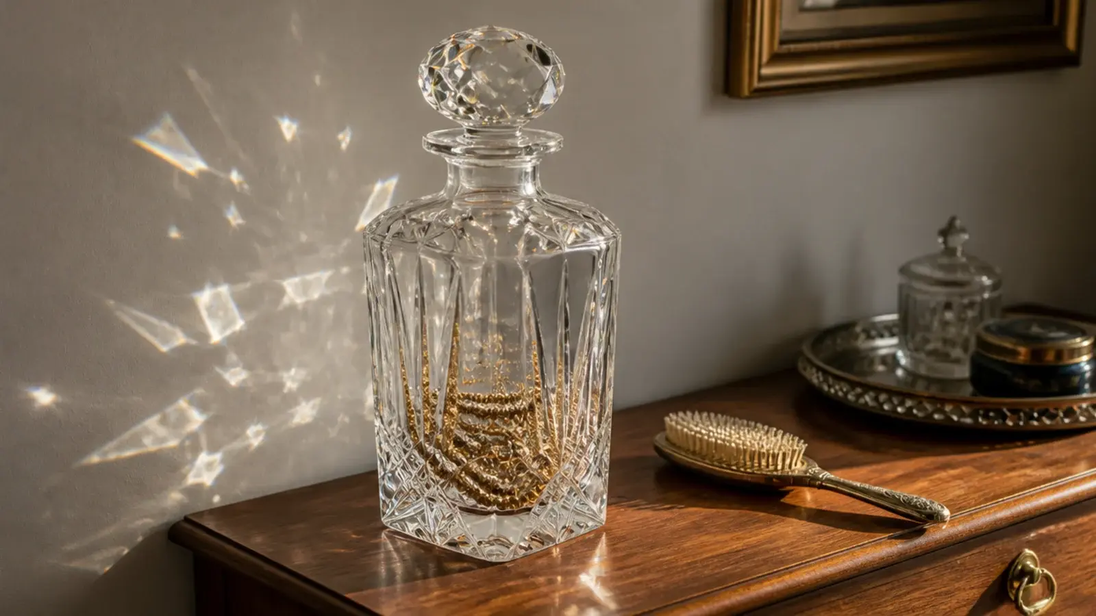 cut glass decanter on a dresser filled with tiny warm lights
