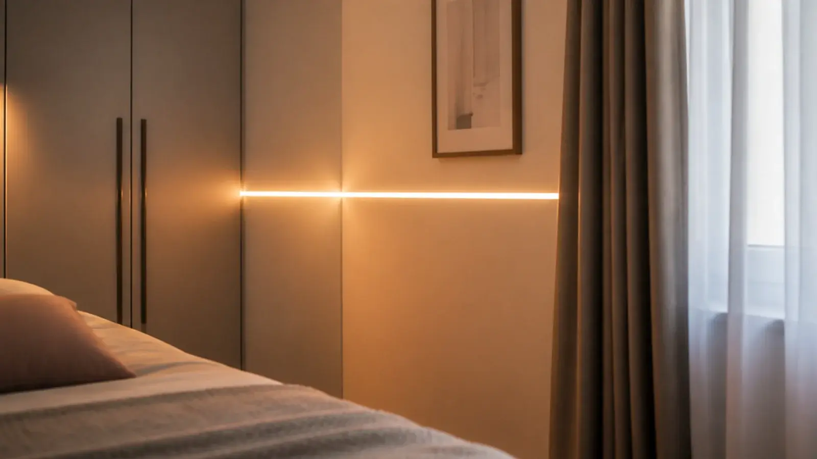 string lights split across two adjoining bedroom walls at a corner