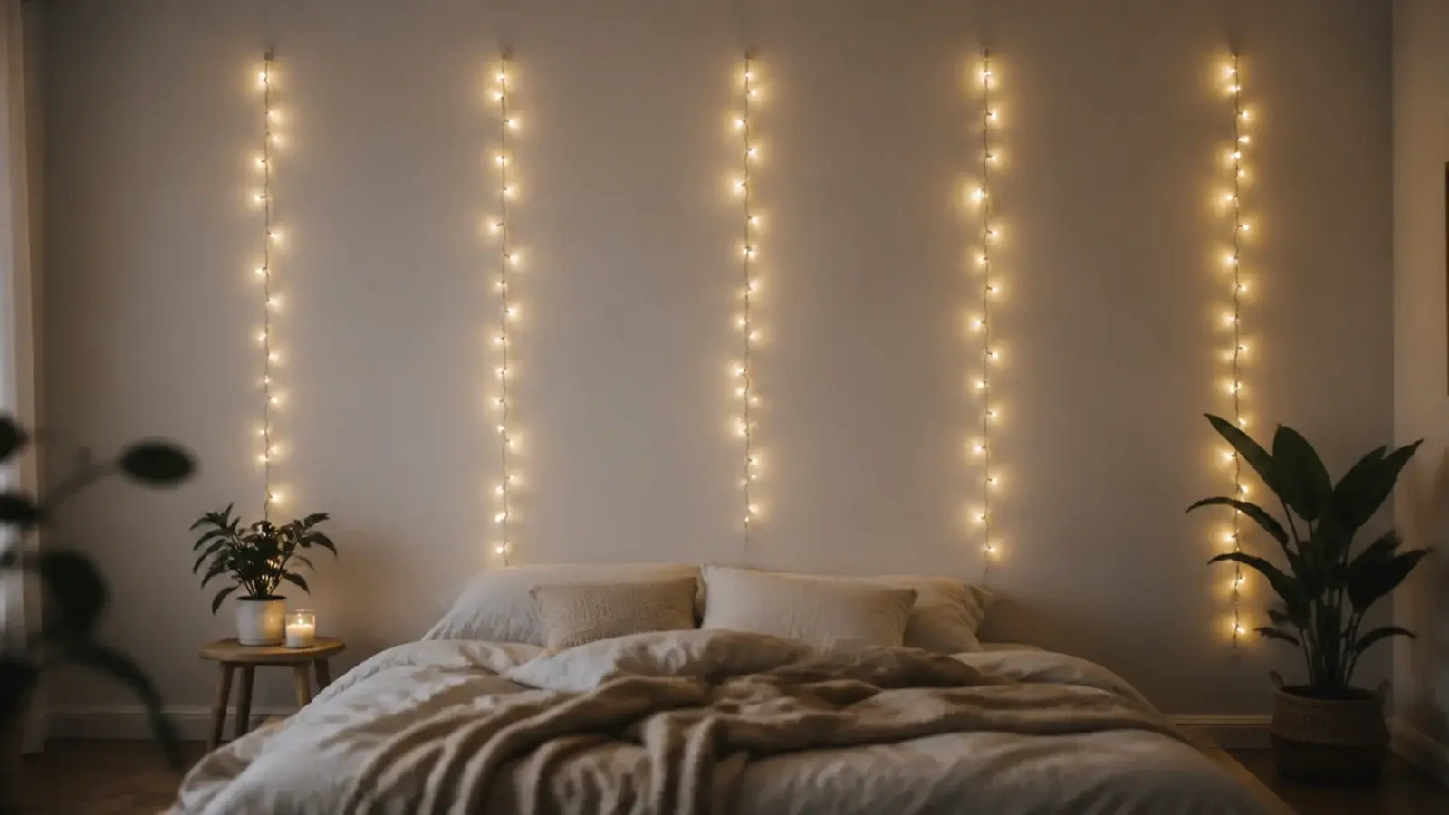 five hand hung vertical light drops spaced evenly on a plain wall