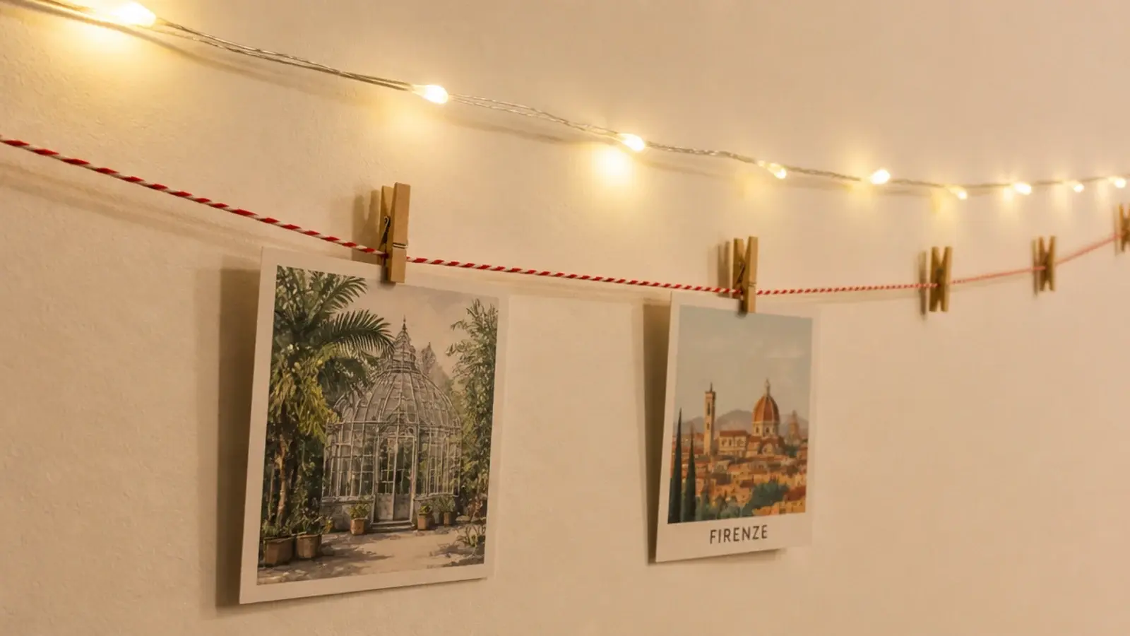 twine line with wooden pegs running beside a lit bedroom strand