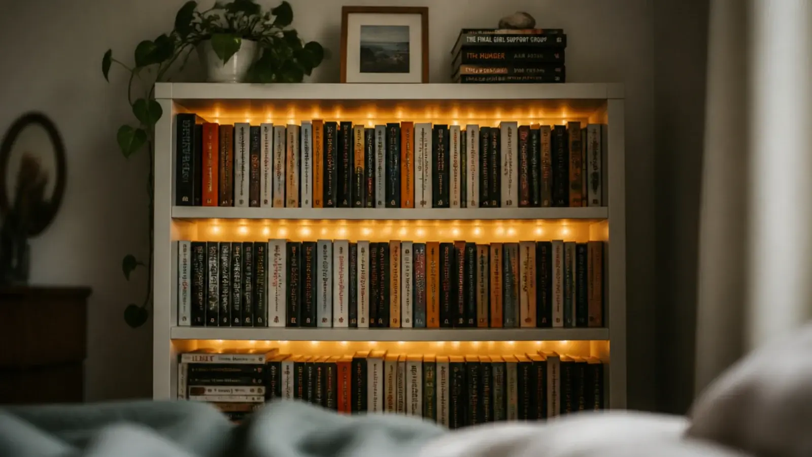 warm lights threaded along the shelves of an existing bedroom bookcase