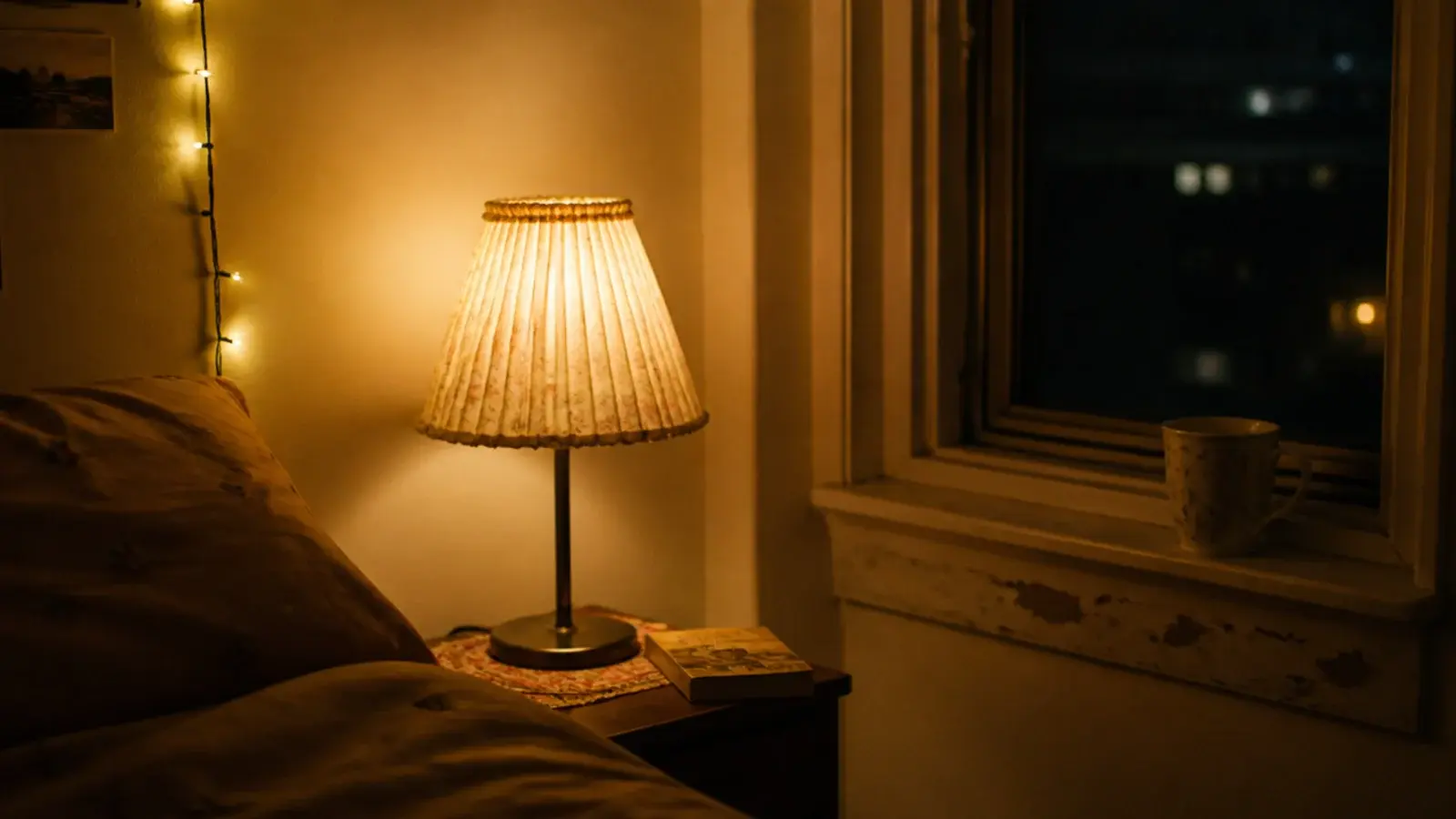 secondhand fabric lampshade beside a lit warm string on a wall