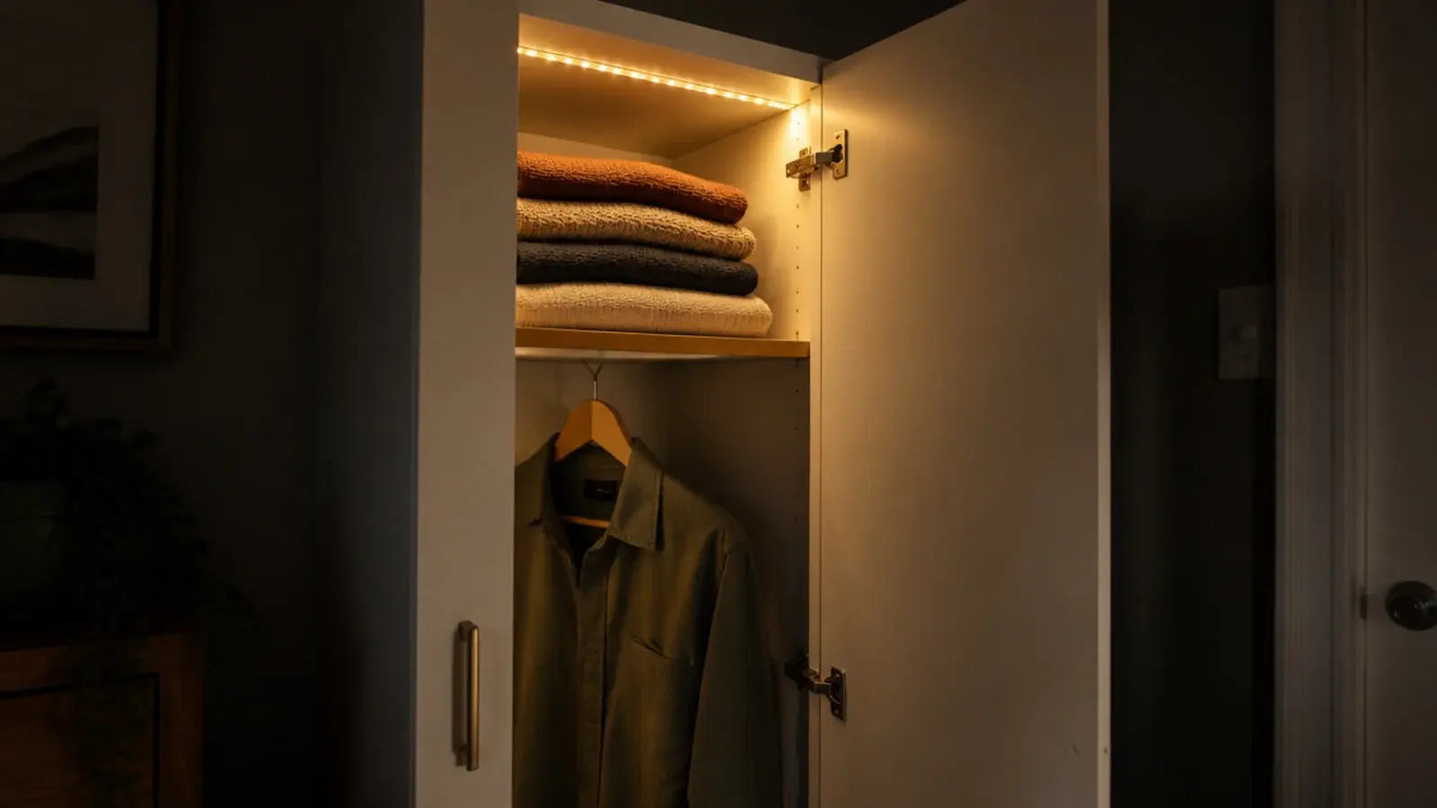 narrow wardrobe interior lit by a cheap strand along the top shelf