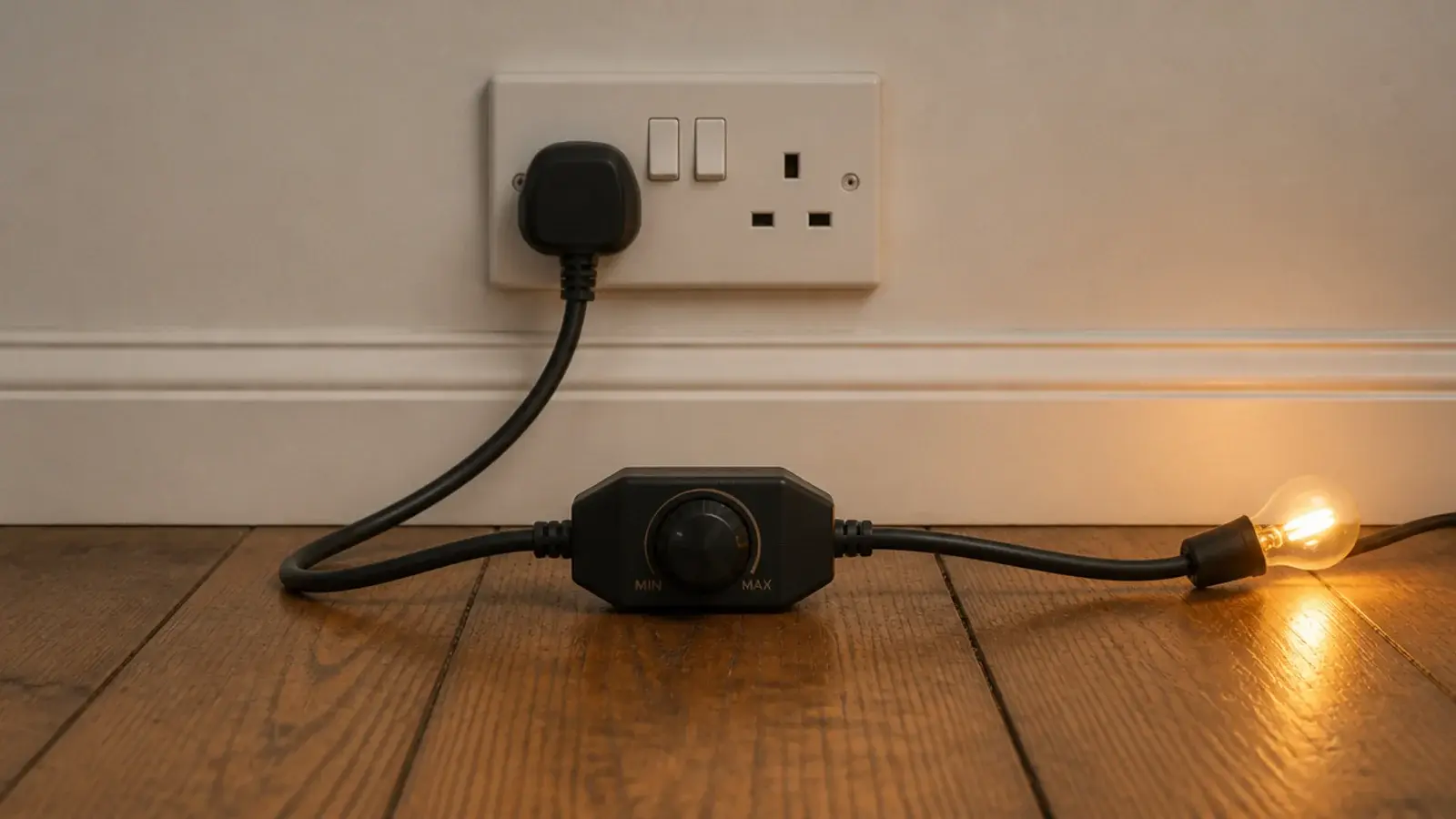 inline plug dimmer on a light lead resting on a bedroom floor