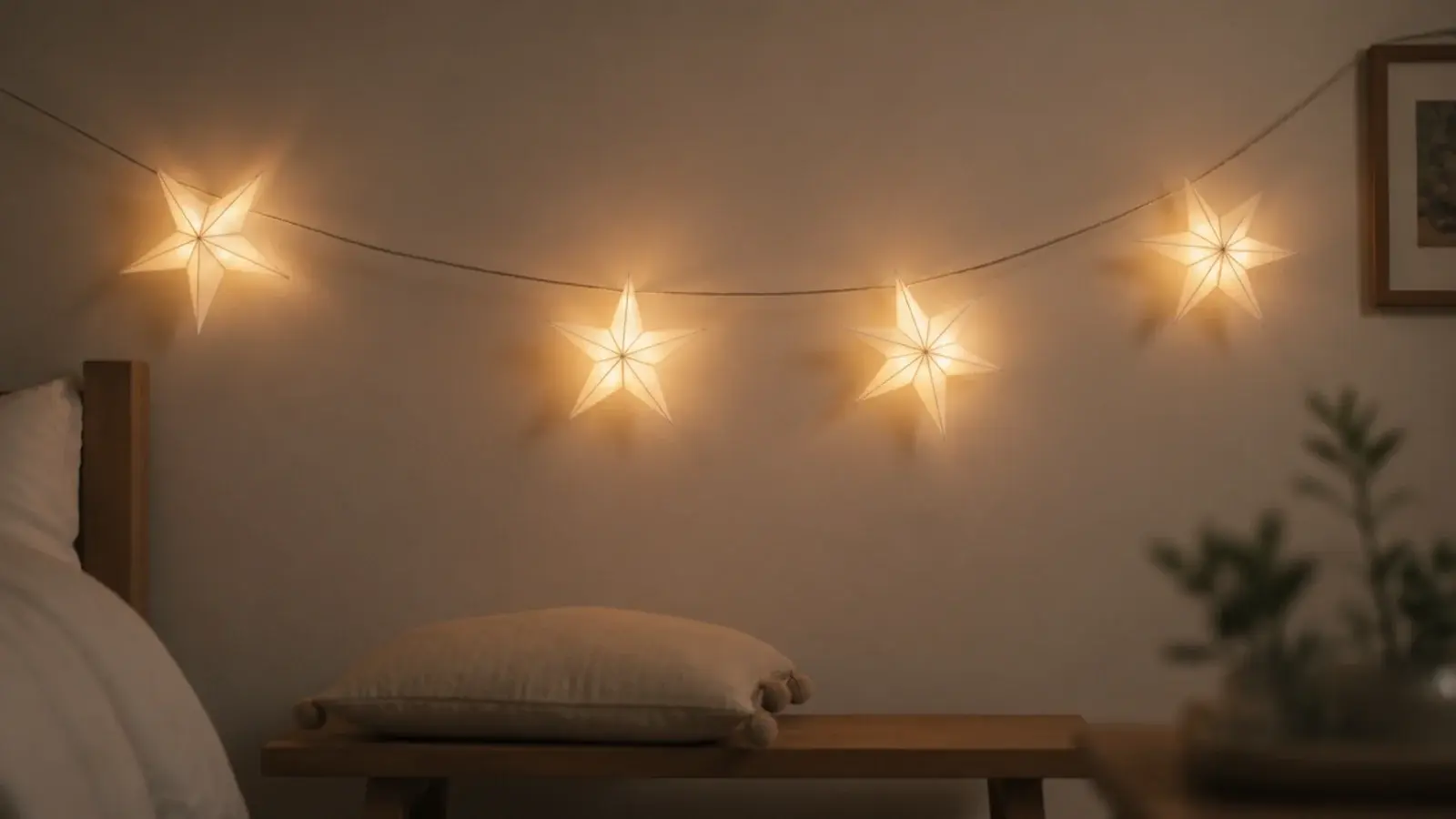 folded paper stars threaded along a single warm bedroom light strand